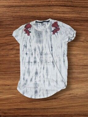 Hollister Curved Hem Grey Tie-Dye Tee with Red Rose Shoulder Graphics